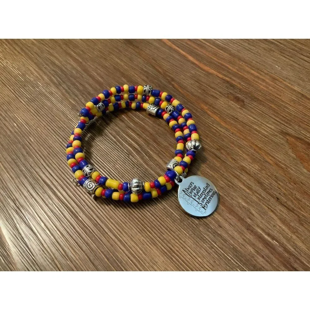 Handmade Autism awareness beaded bracelet, memory wire bracelet,‎ wrap bracelet,
